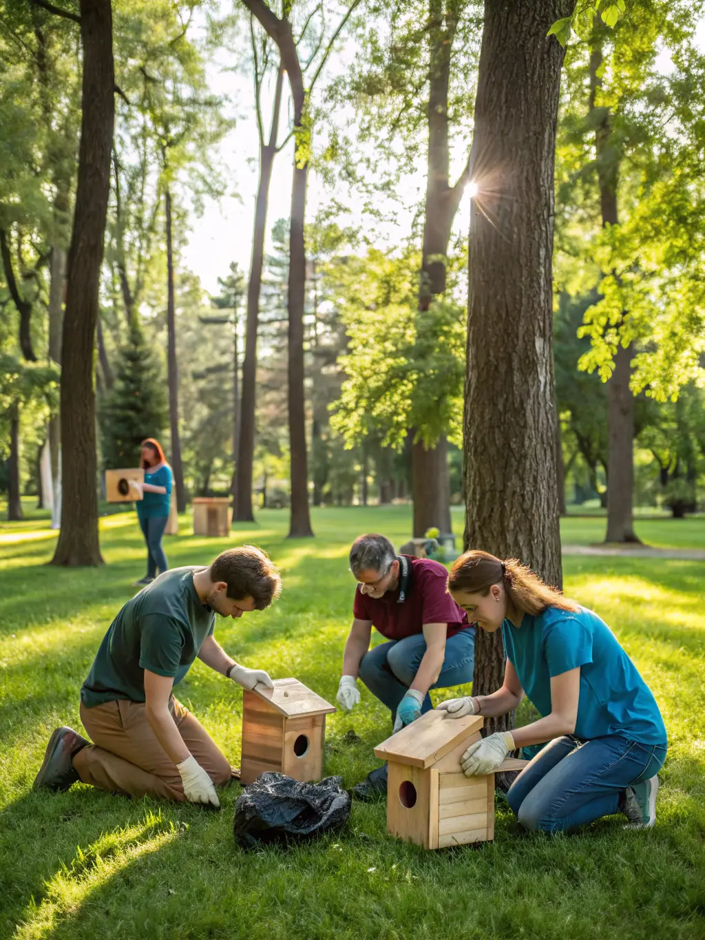 A group of volunteers preparing decorations for a community charity run, showing them inflating balloons and setting up banners in a park.