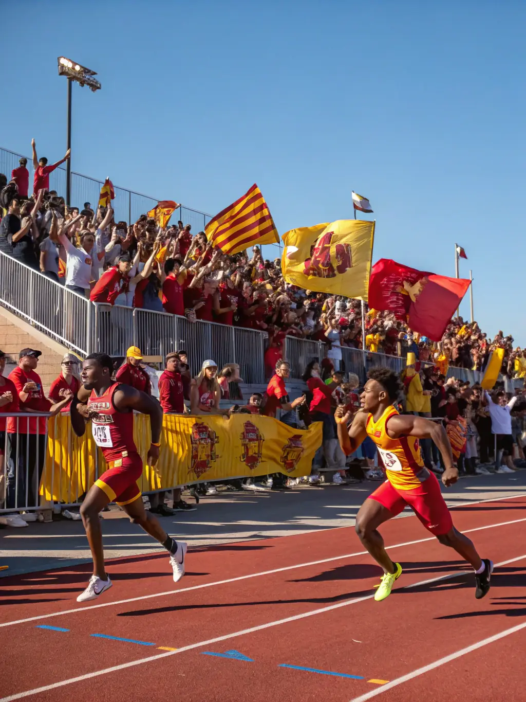 An action shot from an AOE-organized sporting event, featuring athletes competing and spectators cheering, highlighting the spirit of sportsmanship and community involvement.