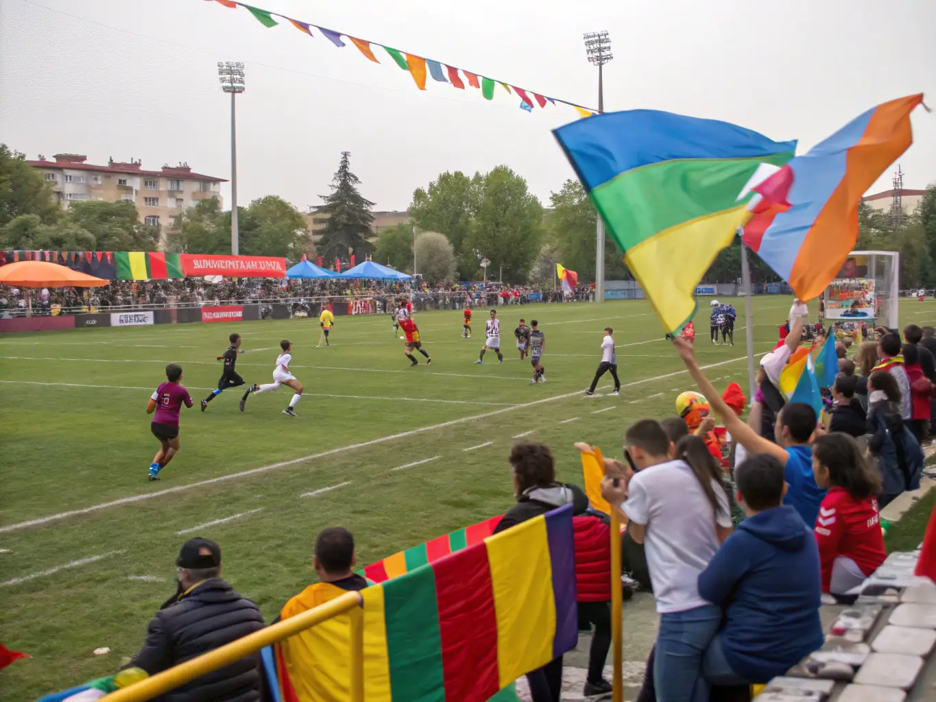 A dynamic image of a sporting event managed by AOE, highlighting the energy and excitement of the participants and the professional organization behind the scenes.