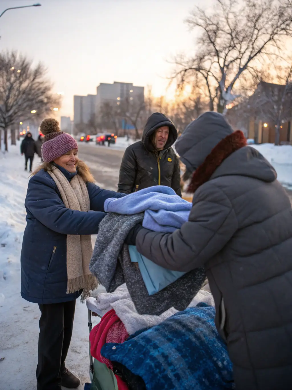 A heartwarming photograph of a charitable event, showing volunteers working together, beneficiaries receiving support, and attendees participating in fundraising activities, highlighting AOE's commitment to social responsibility.
