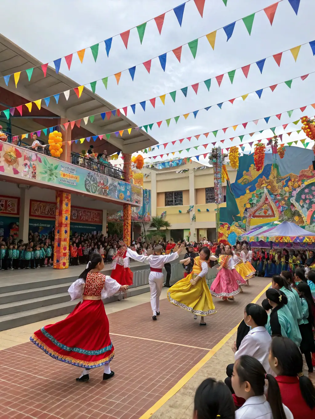 A vibrant image of a cultural festival organized by AOE, featuring traditional music, dance, and food stalls, celebrating cultural diversity and community spirit.