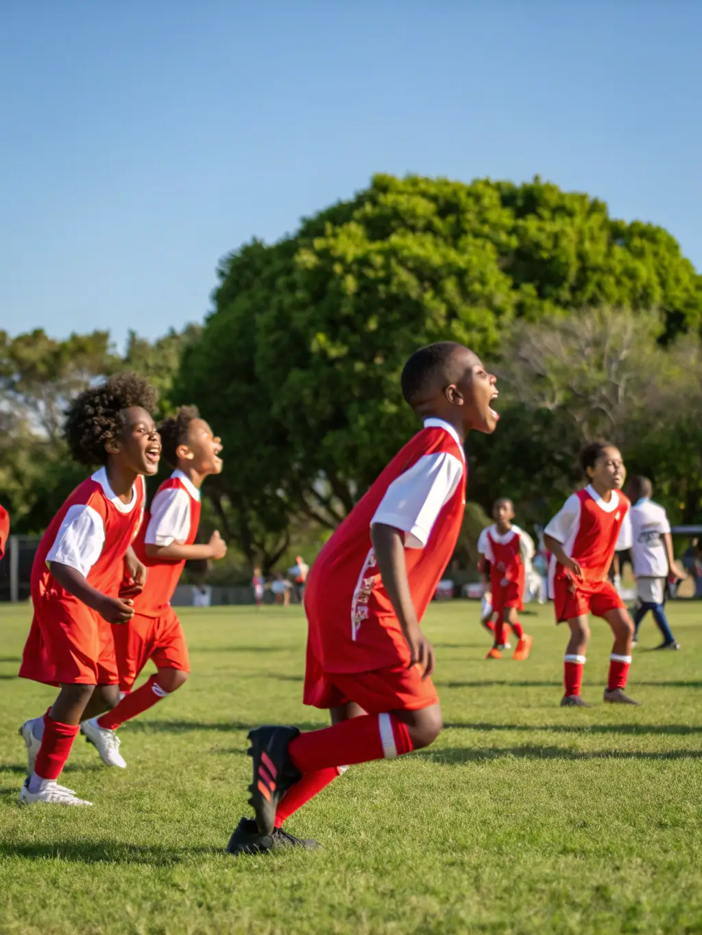 A photo of children participating in sports activities at a youth sports day, with coaches and parents cheering them on.