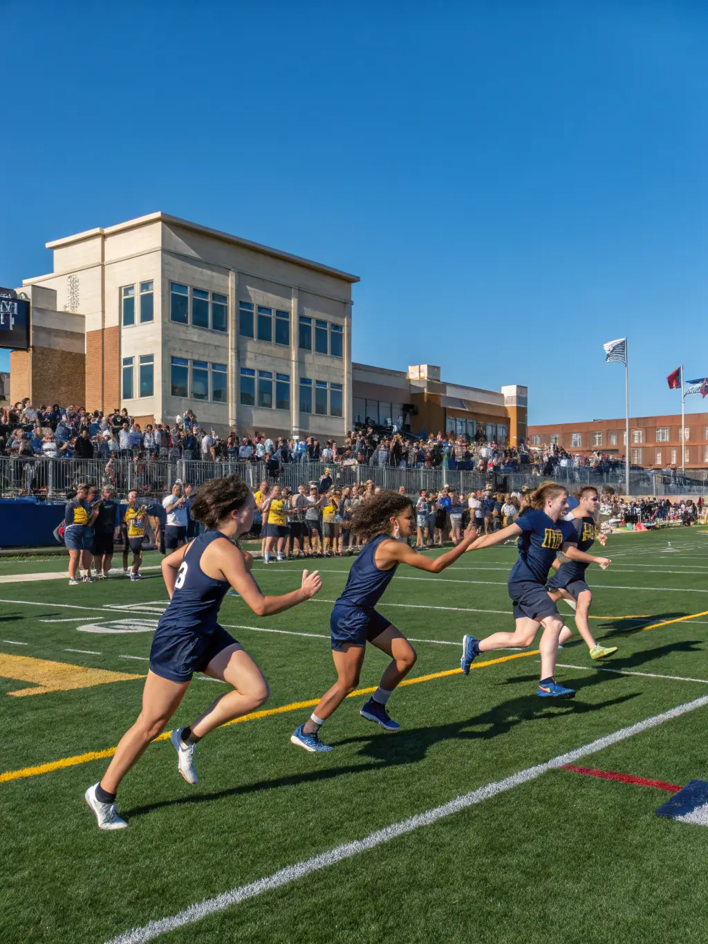 A dynamic image of a well-organized sporting event, featuring athletes competing, spectators cheering, and event staff managing logistics, demonstrating AOE's proficiency in sports event management.