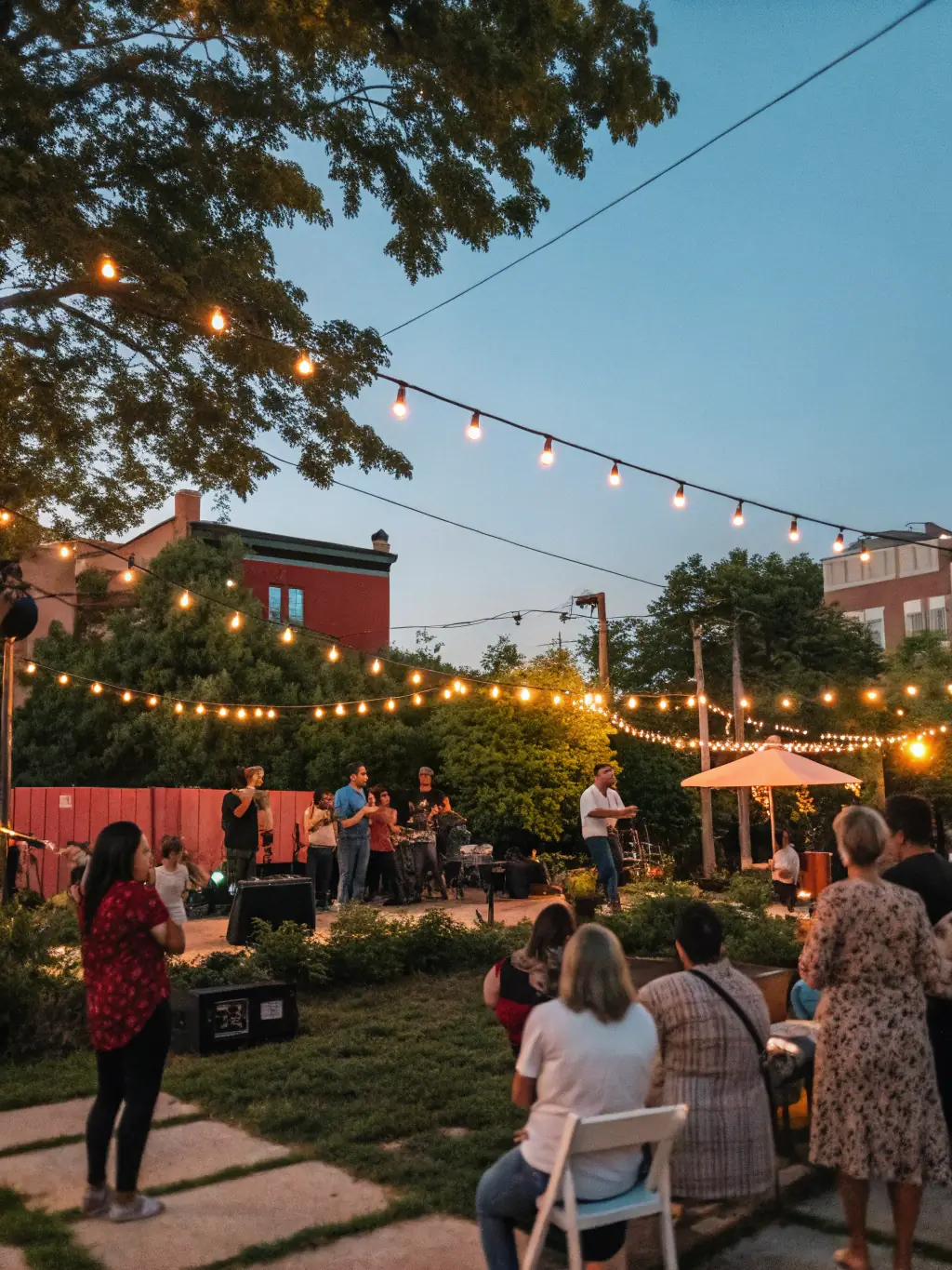 A captivating image of a large-scale community event at night, featuring stage lighting, a live band performing, and a diverse crowd enjoying the entertainment, showcasing AOE's ability to create memorable large-scale events.