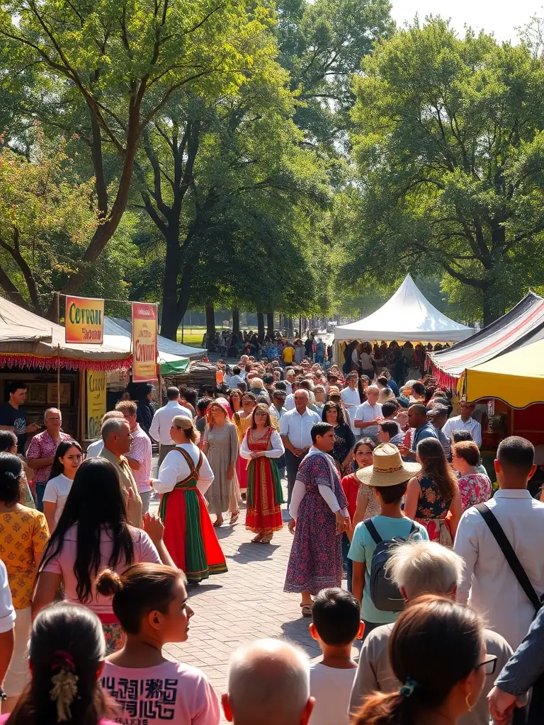 A high-definition photograph capturing a vibrant sociocultural festival, showcasing diverse cultural performances, food stalls, and attendees engaging in various activities, reflecting AOE's expertise in organizing community-enriching events.