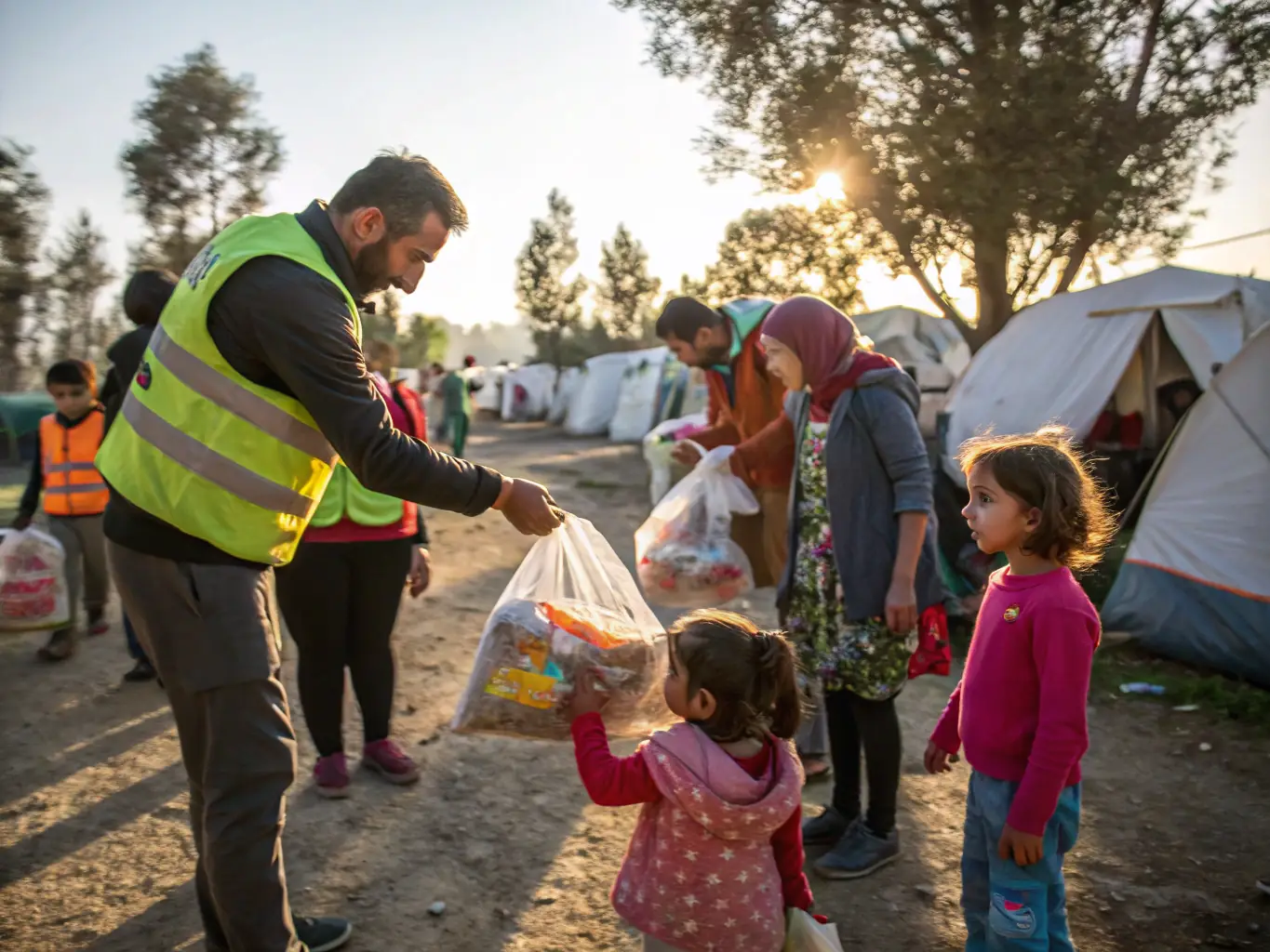 A heartwarming image of a charitable event organized by AOE, showing volunteers and participants working together to support a cause, emphasizing the positive impact of the event.