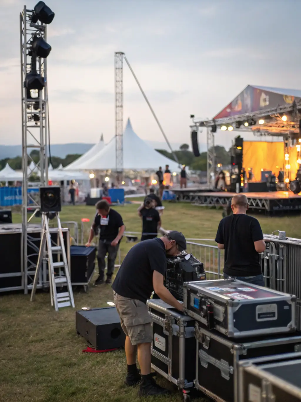 A photograph of a local music festival stage being set up, with crew members adjusting sound equipment and lighting, capturing the anticipation before the event.